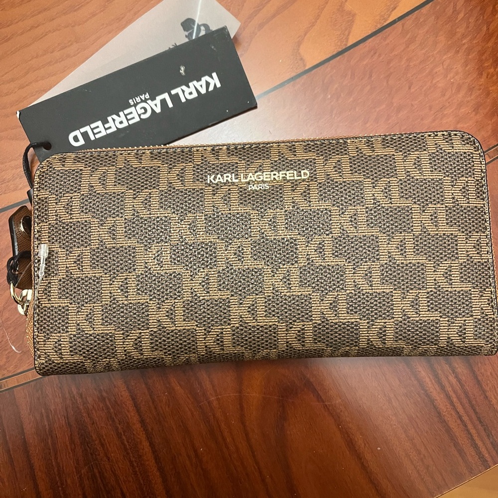 Karl Lagerfeld Tan Monogram Zip Wallet